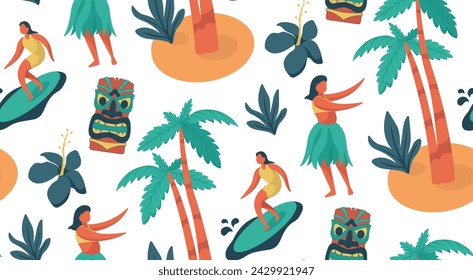 Seamless Hawaiian pattern, depicting the characteristics of the country. Namely coconut trees, tiki statues, aloha dance, surfing people, and hibiscus flowers. Good for designing clothes, tablecloths.