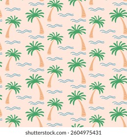 Seamless hawaiian pattern with hand drawn palm trees. Tropical background. Vector.