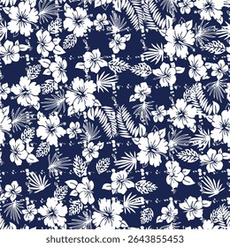Seamless Hawaiian pattern with white hibiscus flowers and tropical leaves on a navy blue background. Classic two-tone aloha print for summer fashion, swimwear and coastal decor