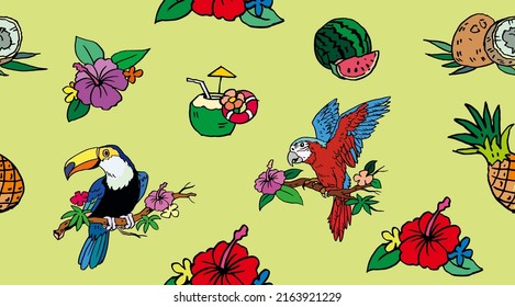 Seamless Hawaiian style on green vector for fabric, card, decoration