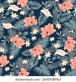 seamless Hawaiian Tropical Flowers pattern on navy background