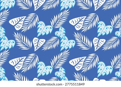 Seamless Hawaiian tropical pattern featuring vibrant palm leaves, hibiscus flowers, and exotic botanical elements. Perfect for summer fabric prints, textile design, wallpaper, packaging, and beachwear. Bright, colorful, and fresh island style inspired by tropical Hawaii nature.