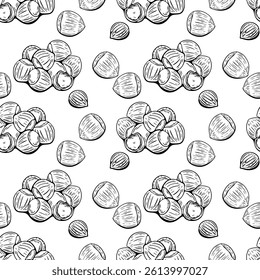 Seamless hazelnut pattern in monochrome hand drawn sketch style