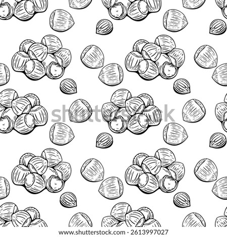 Seamless hazelnut pattern in monochrome hand drawn sketch style