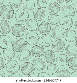 Seamless hazelnut pattern with several fruit nuts and kernels in sketch style. Turquoise background for packing hazelnut or chocolate, nut paste