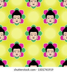 Seamless head Buddha flat pattern on light green color background