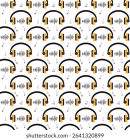 Seamless headphones pattern with music wave. Audio sound pattern. DJ earphones music