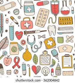 Seamless health care and medicine sketch pattern. Vector illustration. 