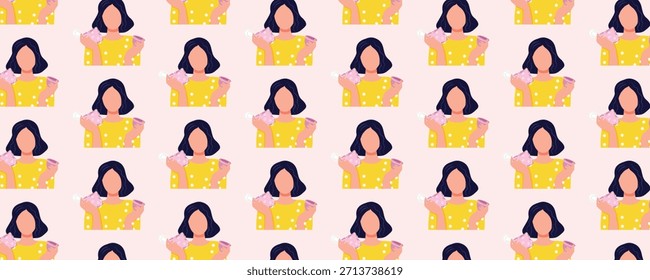 Patrón de salud de las mujeres sin fisuras sobre la menstruación con la mujer sosteniendo la toalla sanitaria y la copa menstrual, ilustración de elección de cuidado del período