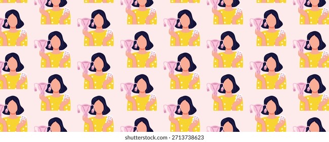 Padrão contínuo de saúde da mulher sobre a menstruação com a mulher segurando o útero e pílulas para alívio da dor, cuidados com a menstruação e ilustração ginecológica