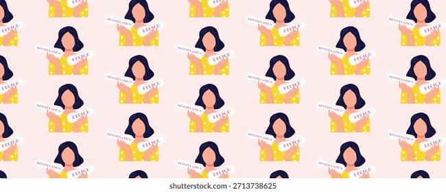 Padrão contínuo de saúde da mulher sobre a menstruação com a mulher segurando absorventes higiênicos, cuidados de época e ilustração de higiene feminina