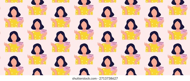 Padrão contínuo de saúde da mulher sobre a menstruação com a mulher segurando calendário menstrual, rastreamento de ciclo e conceito de ginecologia