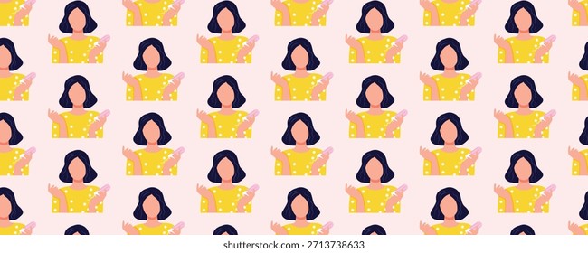 Padrão contínuo de saúde da mulher sobre a menstruação com a mulher segurando absorvente sanitário, higiene feminina e ilustração de cuidados menstruais