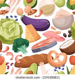 Nahtlose gesunde Nahrungsmuster. Hintergrund-Design mit Obst, Gemüse, Fisch, Fleisch. Unterschiedliche Essensvarianten, nährstoffwiederholende Drucke. Farbige flache Cartoon-Vektorgrafik für Textilien, Dekoration