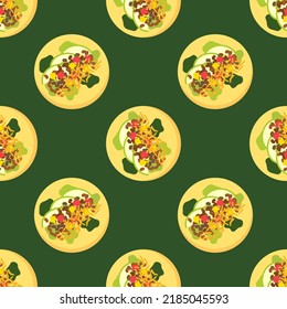 seamless healthy taco pattern. Green background. Vector design for wallpaper, fabric, print, wrapping paper. Healthy concept.