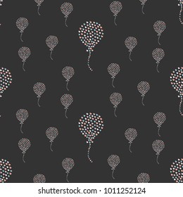 Seamless Heart Air Balloon Pattern on dark. Hand Drawn Design. Great for wall art design, gift paper, wrapping, fabric, textile, etc. Vector Illustration