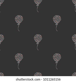 Seamless Heart Air Balloon Pattern on dark. Hand Drawn Design. Great for wall art design, gift paper, wrapping, fabric, textile, etc. Vector Illustration
