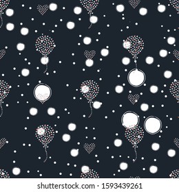 Seamless Heart Air Balloon Pattern on dark. Hand Drawn Design. Great for wall art design, gift paper, wrapping, fabric, textile, etc. Vector Illustration