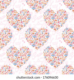 Seamless heart appetizing tea party vector pattern background