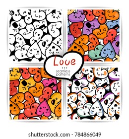 Seamless heart backgrounds with emoji to the Saint Valentine's day. Vector pattern set
