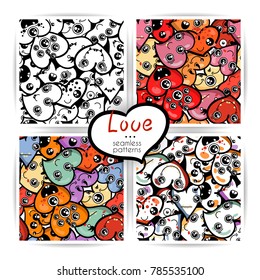 Seamless heart backgrounds with emoji to the Saint Valentine's day. Vector pattern set
