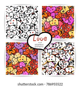 Seamless heart backgrounds with emoji to the Saint Valentine's day. Vector pattern set