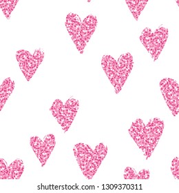 Seamless heart bright metallic pattern. Pink ornament. Valentine and wedding sketch style background for cards, ivitations, wrapping paper, textile. Shining pink confetti hearts.