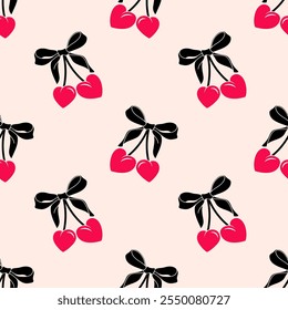 Seamless heart cherry pattern with bow. Ballet, coquette core background design.