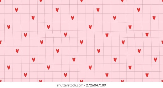 Modelo inconsútil del gingham del corazón con los corazones minúsculos en un fondo a cuadros suave. Diseñado para envoltura de regalo de San Valentín, telas para bebés y estampados de mantel románticos.