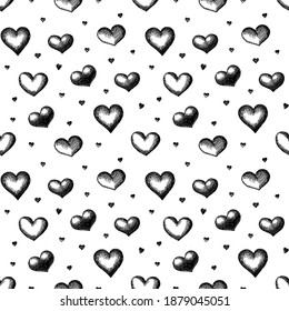 Seamless heart ink pattern. Black and white.