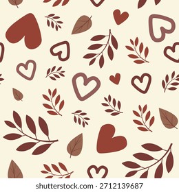 Patrón de corazón y hoja sin fisuras en fondo botánico alegre marrón y beige. Fondo de otoño. Textiles florales, patrón de los niños