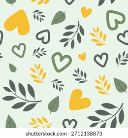 Patrón inconsútil del corazón y de la hoja en fondo botánico alegre amarillo y verde. Fondo de otoño de verano. Textiles florales	