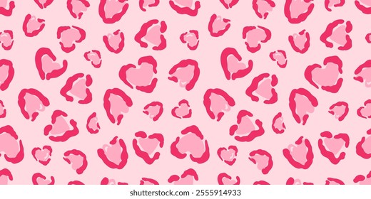 Seamless heart leopard print pattern in pink tones. Perfect for Valentine's Day, romantic y2k designs, fashion, textiles, and 2000s wallpapers. Stylish and trendy design for background.