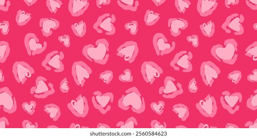 Seamless heart leopard print pattern in pink tones. Stylish and trendy design for background. Perfect for Valentine's Day, romantic designs, fashion, textiles, wallpapers, and creative projects. 