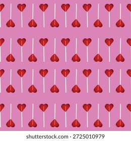 Padrão de pirulito no coração sem costura sobre fundo rosa para o Dia dos Namorados
