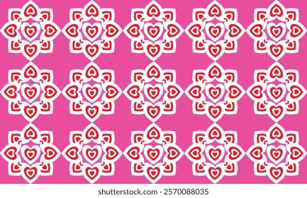 Seamless heart mandala design with red, white, and pink hues. Perfect for Valentine's Day, wedding decor, gift wrapping, and romantic-themed projects.
