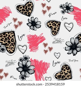 Seamless heart pattern with abstract hand drawn art brush drawing and leopard skin background elements in pink, brown and black color. Flower and leaf pattern design vector