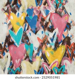 Seamless heart pattern with background elements of hand drawn abstract hearts in blue, pink, yellow and brown colors