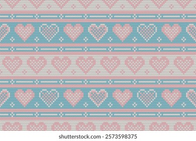 Seamless Heart Pattern in Blue and Pink for Knitted Textile Designs, Fabric, Decorative Backgrounds and Valentine's Day Themes. Vintage Cross-Stitch Heart Pattern in Pastel Colors.Vector illustrat