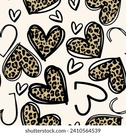 Seamless heart pattern with brown and black isolated animal and leopard skin background elements