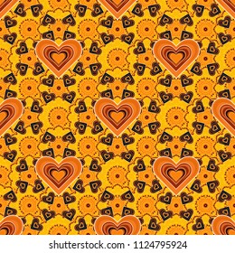 Seamless heart pattern can be used for wallpaper, pattern fills, printing, surface textures, fabric or textile. Vector floral yellow, orange and black texture pattern.