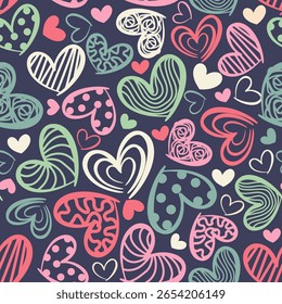 Seamless heart pattern with cute, hand-drawn style. Colorful Valentine design perfect for backgrounds, greeting cards, wrapping paper, fabric, scrapbooking, and romantic-themed projects. Available in 