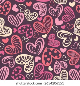 Seamless heart pattern with cute, hand-drawn style. Colorful Valentine design perfect for backgrounds, greeting cards, wrapping paper, fabric, scrapbooking, and romantic-themed projects. Available in 
