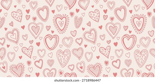 Patrón de corazón sin fisuras con lindas Formas de amor sobre fondo rosa. Fondo de pantalla romántico perfecto del día de San Valentín, envoltura del regalo, o tarjeta de felicitación con los corazones que repiten.