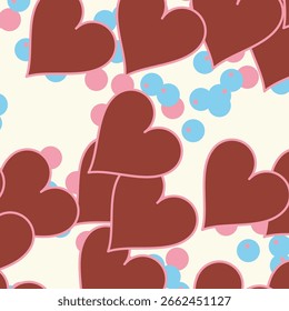 Seamless heart pattern with cute romantic symbols and soft pastel colors