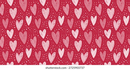 Seamless heart pattern with cute Valentine's Day motifs on pink background, perfect for romantic gift wrapping, cards, and love-themed textile prints.
