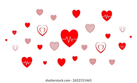 Seamless Heart Pattern with ECG Line and Love Symbols. A seamless pattern of red and white heart icons on a white background.