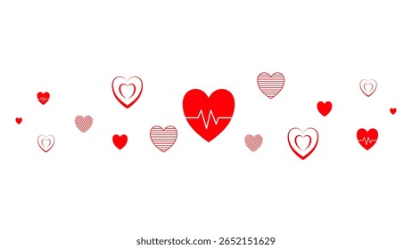 Seamless Heart Pattern with ECG Line and Love Symbols. A seamless pattern of red and white heart icons.