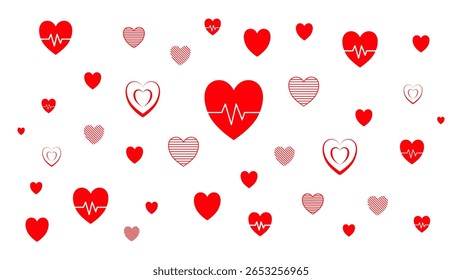 Padrão de coração perfeito com linha ECG e símbolos de amor. Um padrão perfeito de ícones de coração vermelho e branco em um fundo branco.