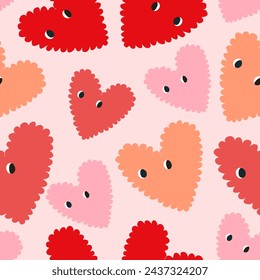 Seamless Heart pattern with eyes in cartoon style. Cute trendy design. Vector funky illustration. Fluffy abstract heart shapes illustration.